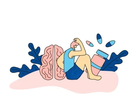 Mental disoder. Psychological issues. Person sitting on the floor and thinkin Illustrazione stock