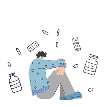 Mental disoder. Young man sitting on the floor with headache isolated on whit Stock Illustration