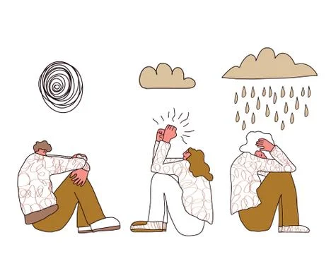 Mental disoder. Young people sitting on the floor with depression, anxiety, s Stock Illustration