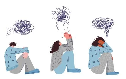Mental disoder. Young people sitting on the floor with headache isolated on w Stock Illustration
