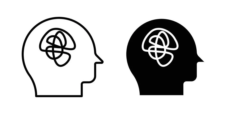 Mental disorder icon solid, line, and editable vector set. Illustrazione stock