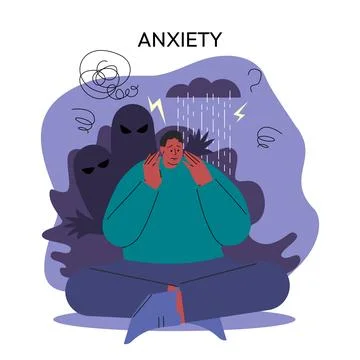 Mental disorder problems, Dizziness, sad and anxious thoughts of man. anxiety Illustrazione stock