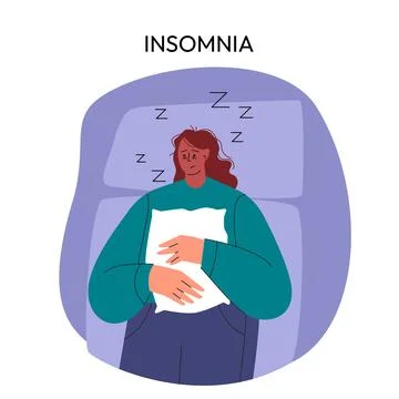 Mental disorder problems, Sleepy awake woman in bed suffers from insomnia Stock Illustration