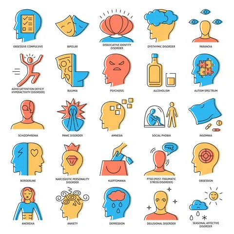 Mental disorders icon set in colored line style Stock Illustration