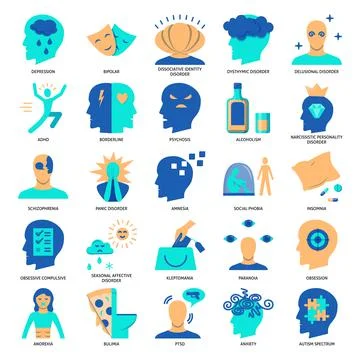 Mental disorders icon set in flat style Stock Illustration
