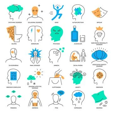 Mental disorders icon set in line style Stock Illustration