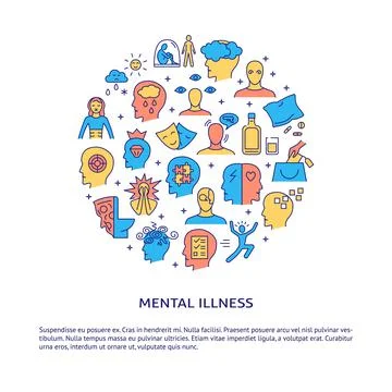 Mental disorders round banner in colored line style with text Stock Illustration