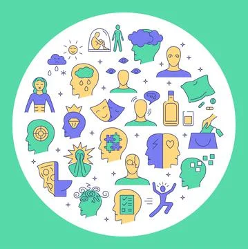 Mental disorders round concept poster in line style Stock Illustration