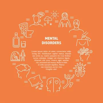 Mental disorders round frame poster in thin line style Stock Illustration