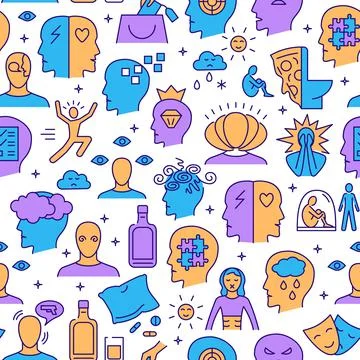 Mental disorders seamless pattern in colored line style Stock Illustration