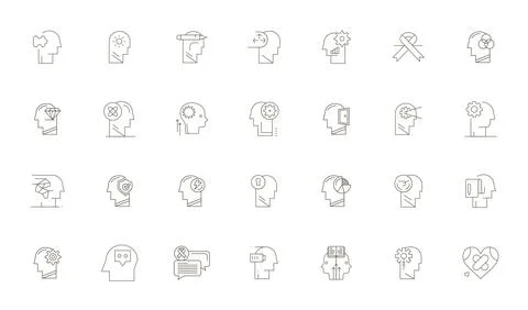 Mental Exclusive Vector Set featuring 28 Thin Line Grid Fitted 128x128 Icons Stock Illustration