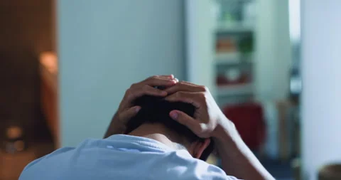 Mental health, back and man in bedroom with depression, anxiety trigger or Video stock 326435637