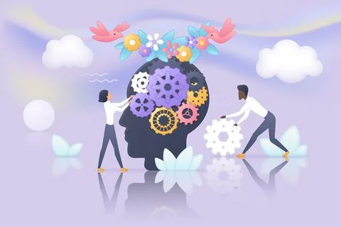 Mental health, human brain development, emotions and behavior research by tiny Stock Illustration