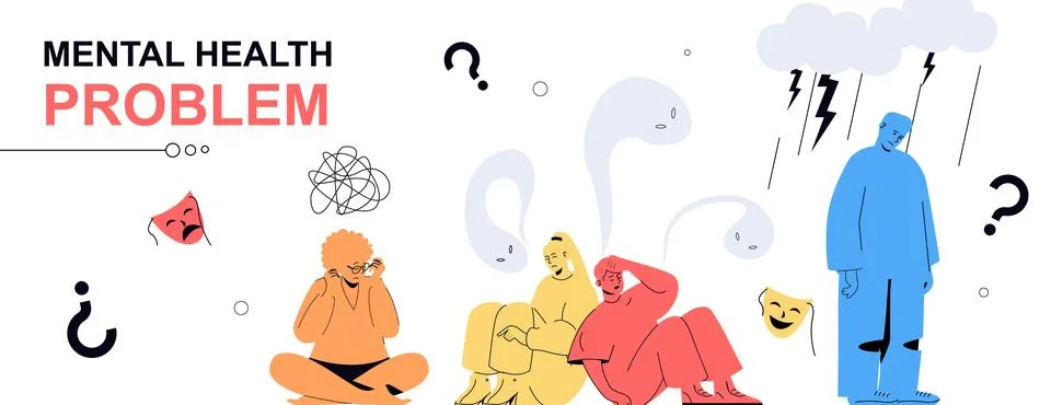 Mental health problem concept in flat cartoon design for web banner. People.. Stock Illustration