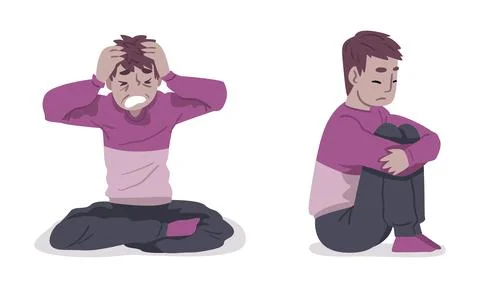 Mental health problems set. Desperate depressed boys sitting on floor vector Illustrazione stock