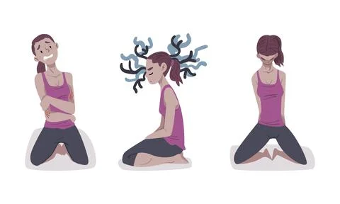 Mental health problems set. Stressed depressed girls having psychological Illustrazione stock