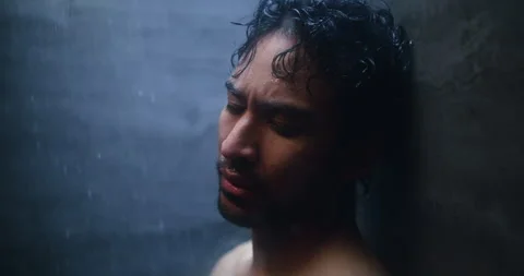 Mental health, reflection or man in shower with fatigue, anxiety trigger or Video stock 326457432
