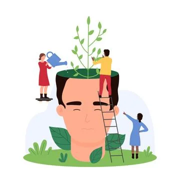 Mental health, self mind development, tiny people watering and growing tree Illustrazione stock