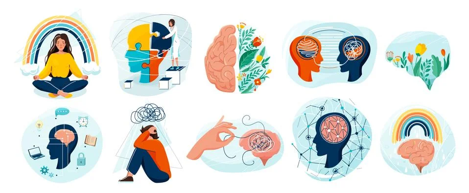 Mental health set vector background. Collection of different illustration with Illustrazione stock