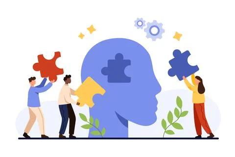Mental health support and coach consultation by tiny people holding puzzle Illustrazione stock