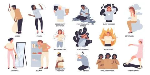 Mental illness, psychological problems set with name of disorder, depression and Illustration