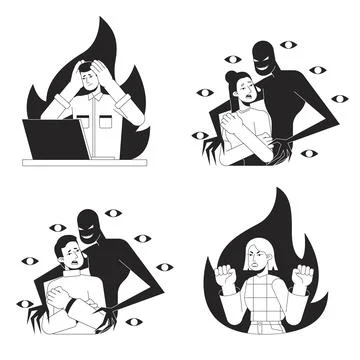 Mental illnesses bw concept vector spot illustration set Stock Illustration