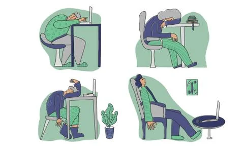 Mental issues concept. Tired persons sitting at the table and sleeping. Exhau Stock Illustration