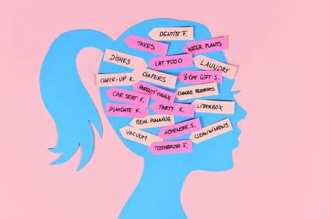 Mental load concept with womans head silhouette with multiple tasks on notes Stockfoto's