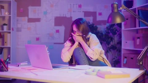 Mental Load, Late Work, Neon Mood. Tired Woman Works at Night Stock Footage 307070745