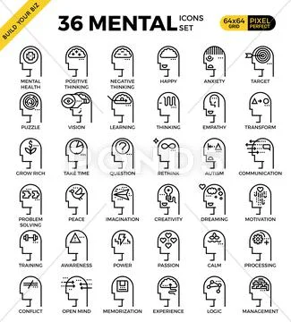 Mental & Mind pixel perfect outline icons Stock Illustration