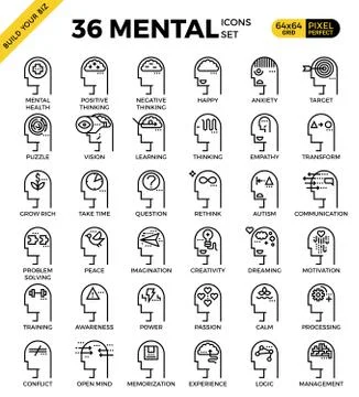 Mental &amp; Mind pixel perfect outline icons Stock Illustration