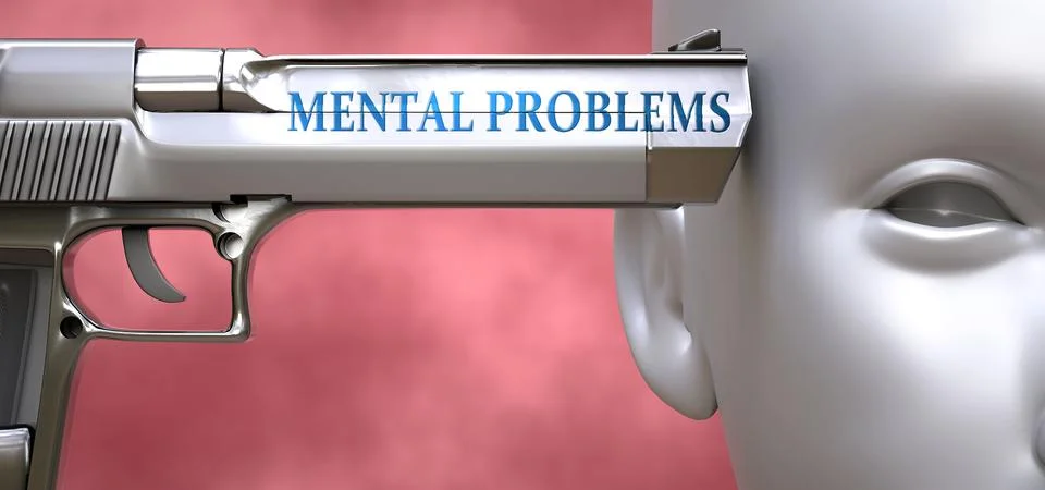 Mental problems can be dangerous - pictured as word Mental problems on a pist Stock Illustration