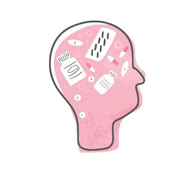 Mental therapy concept. Human head with gears, pills and medical decoration.  Stock Illustration