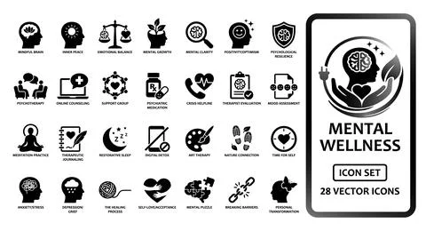 Mental wellness and psychology solid icon set containing icons for therapy,.. 스톡 일러스트