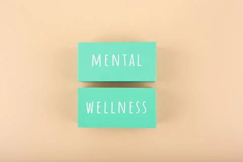 Mental wellness text written on aqua blue toy blocks on bright beige background Stock Illustration