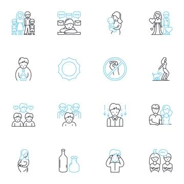 Mental work linear icons set. Concentration, Cognition, Analysis, Intelligence Illustrazione stock