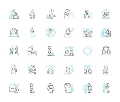 Mental work linear icons set. Concentration, Cognition, Analysis, Intelligence Stock Illustration