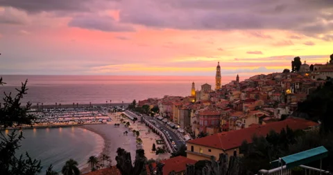 Menton City Sunset Timelapse Stock Footage 145707644