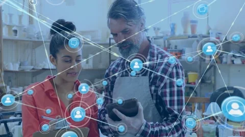 Mentor and apprentice examining pot, HUD node appearing and network nodes Stock-Footage 332591841