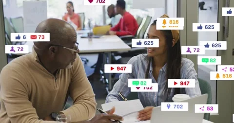 Mentor and mentee spreading documents and starting floating icons visualizing Stock Footage 329297358