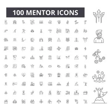 Mentor editable line icons, 100 vector set, collection. Mentor black outline Stock Illustration