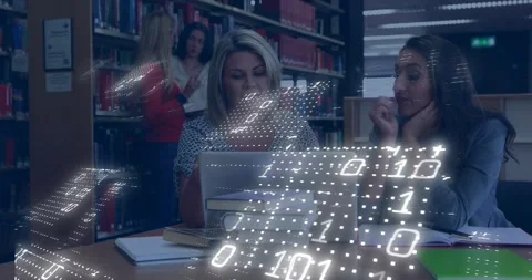 Mentor guiding student noting binary grid from right sweeping over laptop hiding Stock Footage 329117233