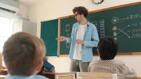 Mentor looking around classroom while standing in front of blackboard. Pedagogy. Stock Footage 272885978