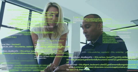Mentor pointing at laptop guiding developer toggling phone typing code overlay Stock Footage 315595828