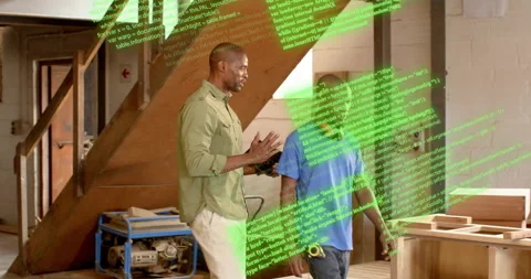 Mentor tapping tablet triggers green code overlay guiding apprentice inspecting Video stock 316255012