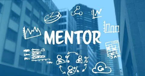 Mentor text banner and multiple business concept icons against tall buildings Stock Illustration