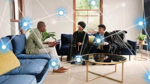 Mentor using phone, sparking node overlay while guiding education graduates Video stock 332981874