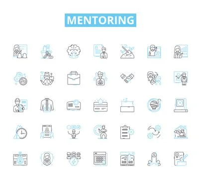 Mentoring linear icons set. Learning, Guidance, Coaching, Support, Advise Stock Illustration