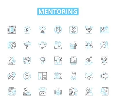 Mentoring linear icons set. Learning, Guidance, Coaching, Support, Advise Stock Illustration