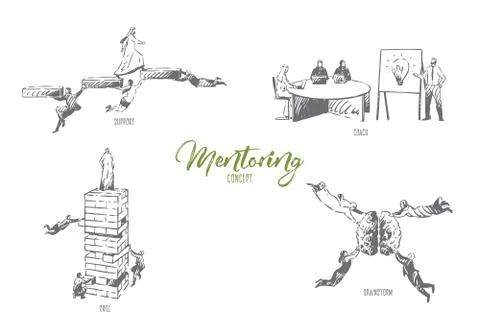 Mentoring, support, coach, skill, brainstorm concept sketch Stock Illustration